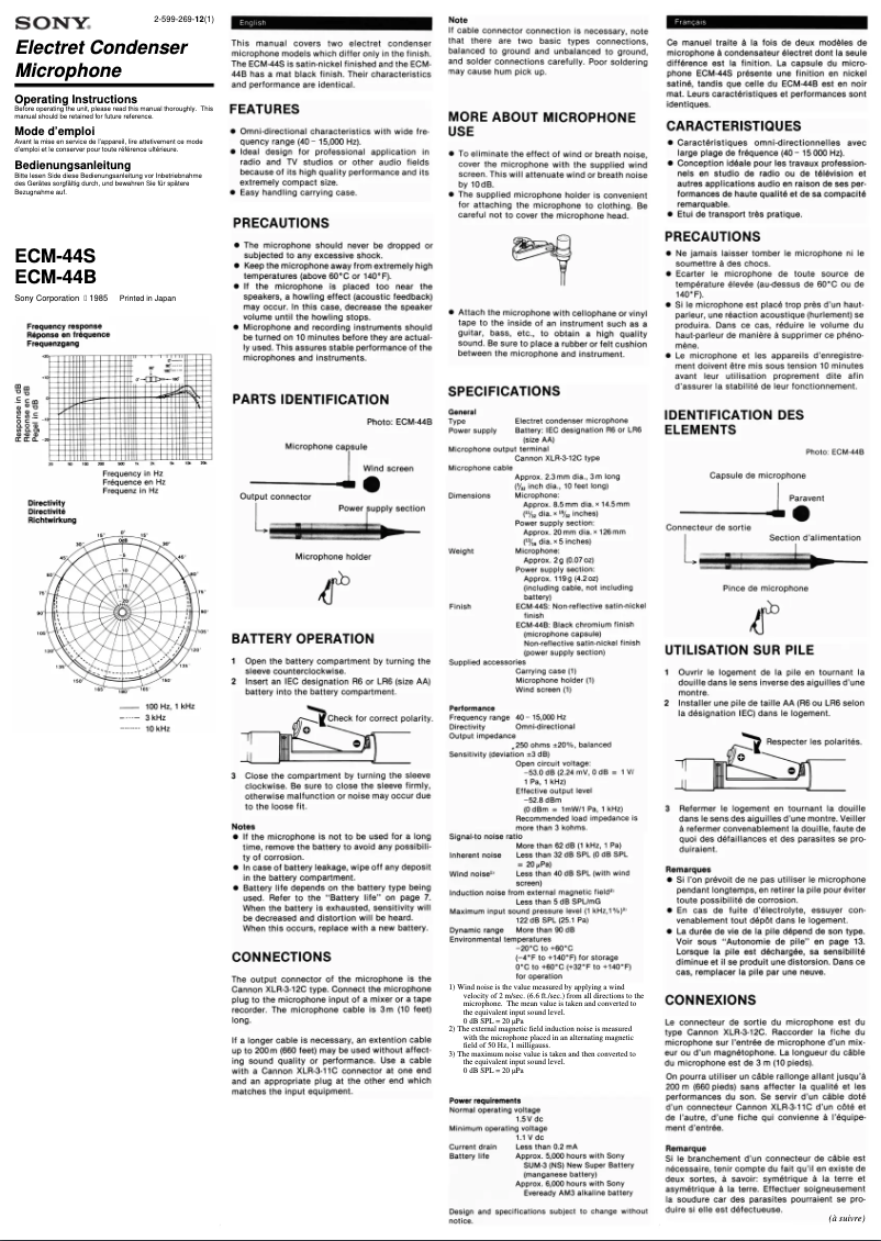 Page 1 de la notice Manuel utilisateur Sony ECM-44B