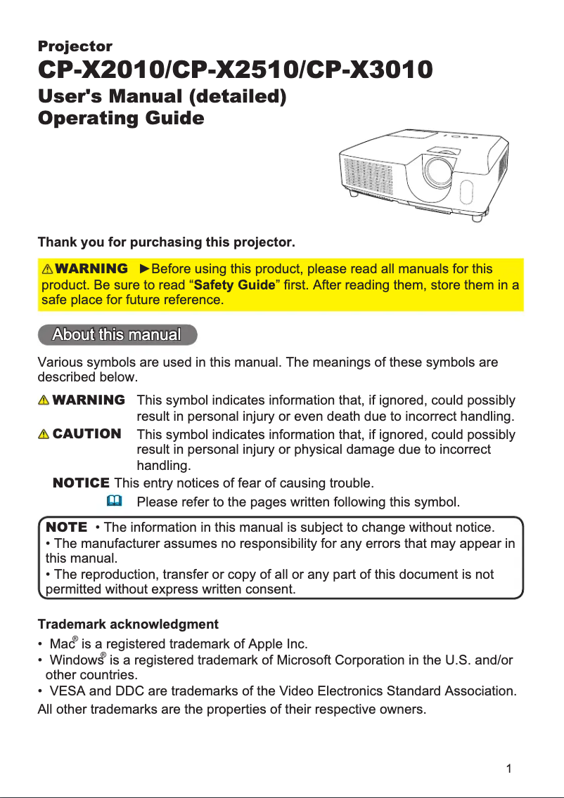 Page n°1 - Manuel utilisateur Hitachi CP-X2510ZEF