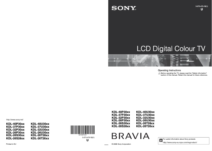 Page 1 de la notice Manuel utilisateur Sony P3020 Bravia