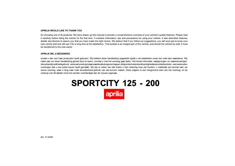 Page 1 de la notice Manuel utilisateur Aprilia Sportcity 125 (2006)