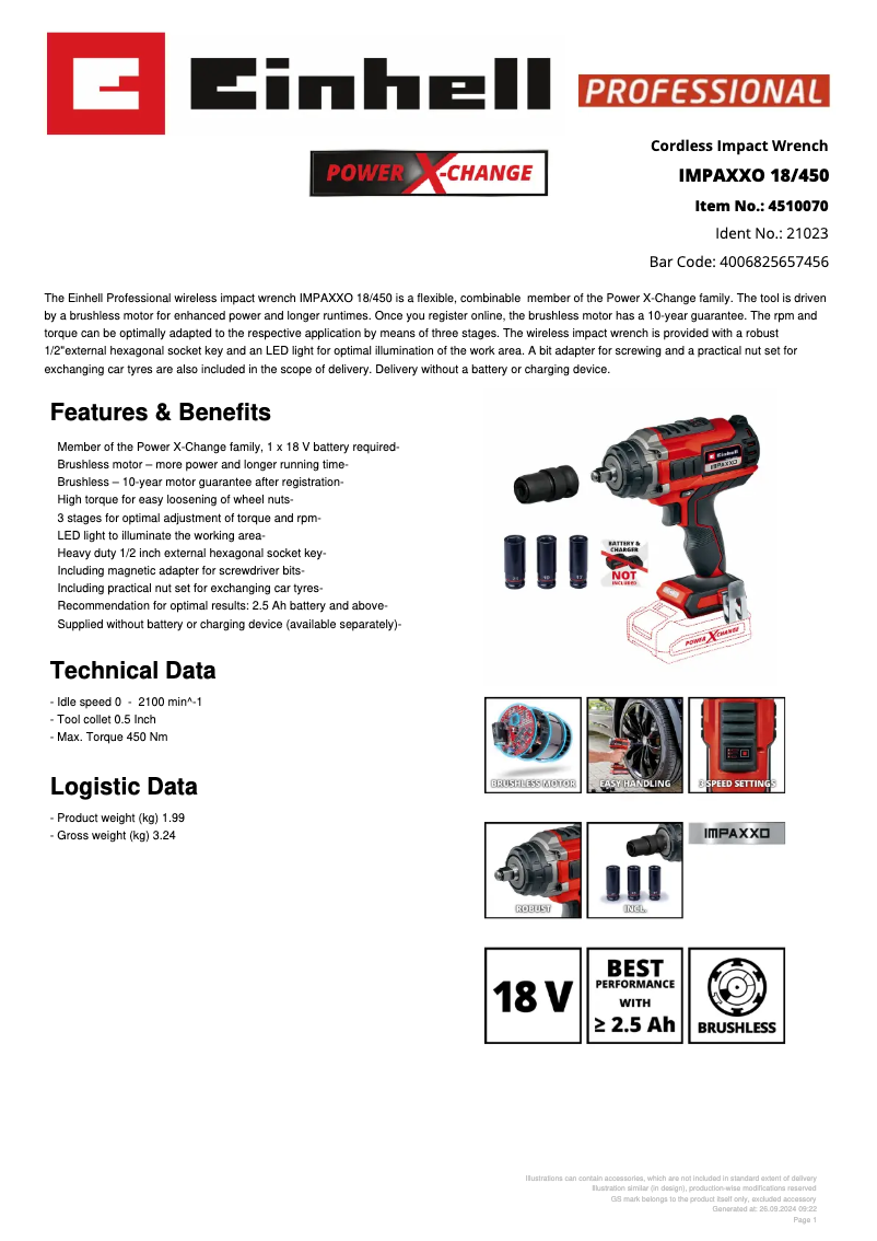 Page 1 de la notice Fiche technique Einhell IMPAXXO 18/450