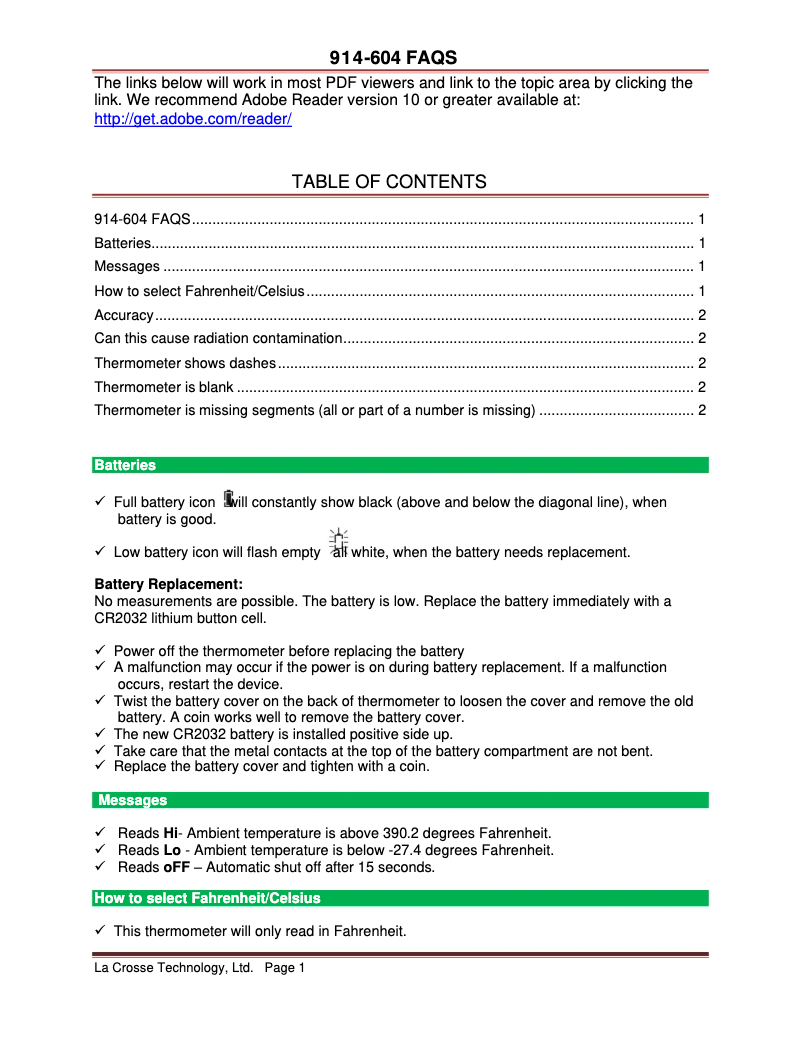 Page 1 de la notice FAQ La Crosse Technology 914-604