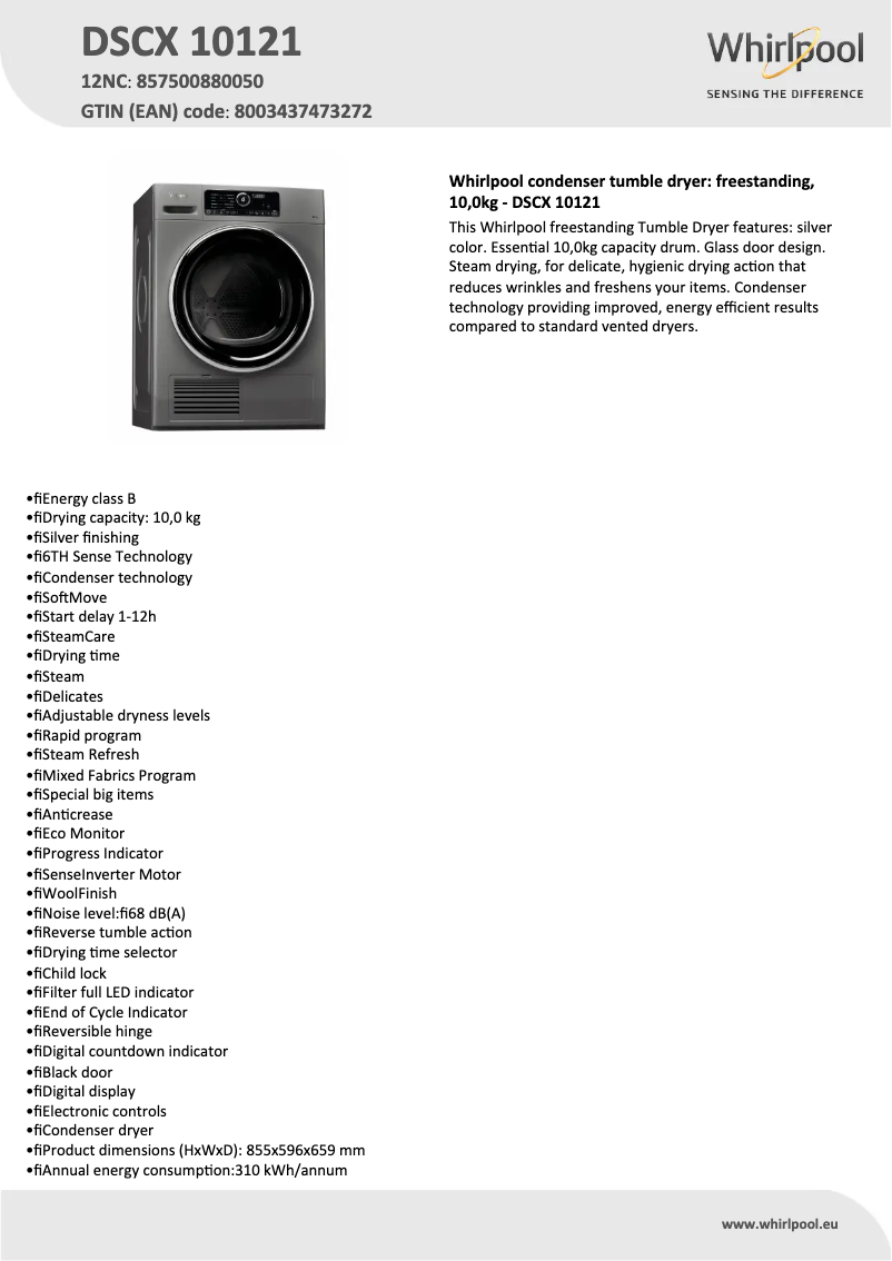 Page n°1 - Fiche technique Whirlpool DSCX 10121