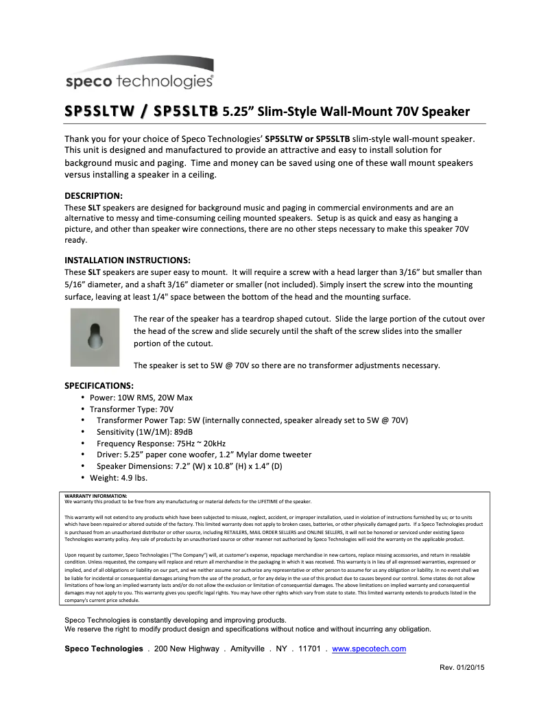 Page 1 de la notice Manuel utilisateur Speco Technologies SP5SLTB