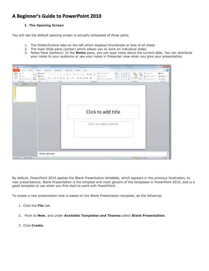 Page 1 de la notice Manuel utilisateur Microsoft Powerpoint 2010