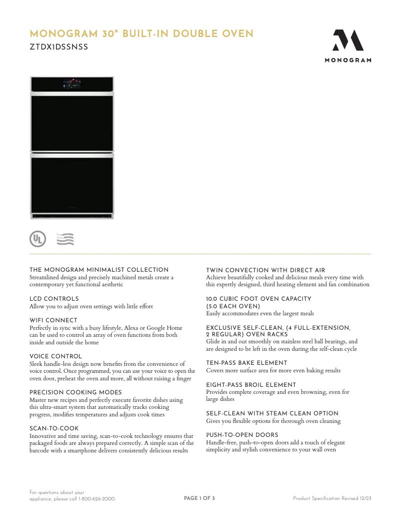 Página 1 del manual Ficha técnica Monogram ZTDX1DSSNSS