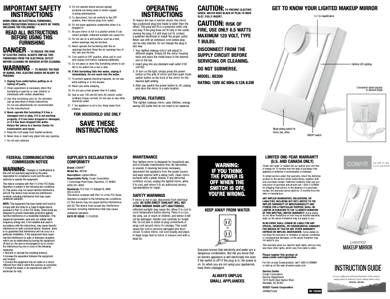 Page 1 de la notice Manuel utilisateur Conair BE200W