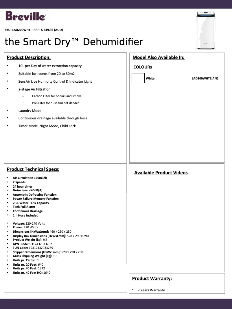 Page n°1 - Fiche technique Breville The Smart Dry LAD200