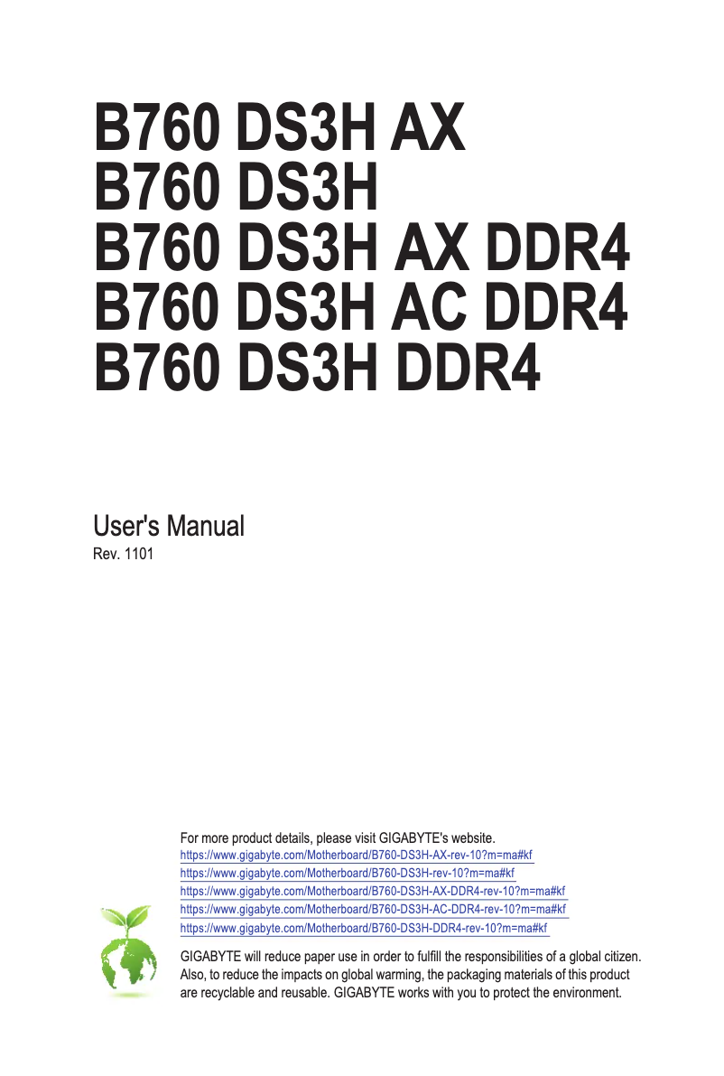 Page 1 de la notice Manuel utilisateur Gigabyte B760 DS3H DDR4
