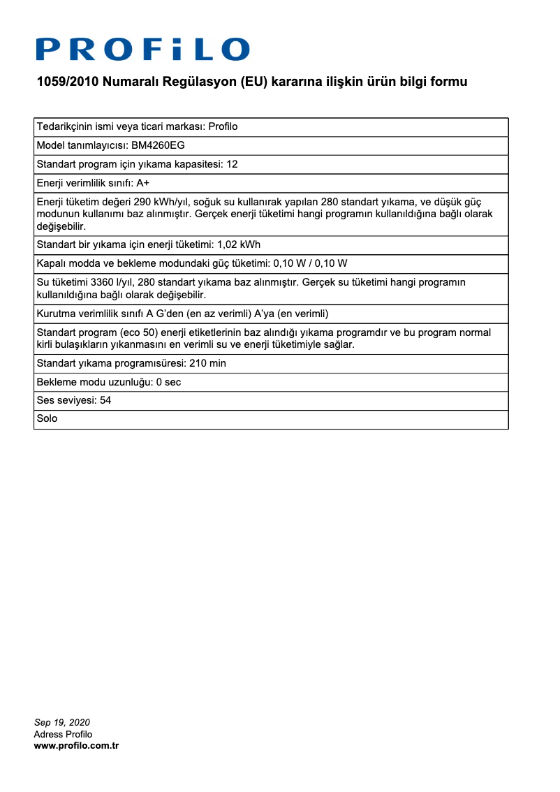Page 1 de la notice Label énergétique Profilo BM4260EG