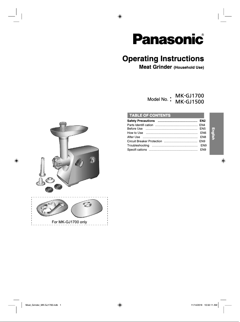Page 1 de la notice Manuel utilisateur Panasonic MK-GJ1700