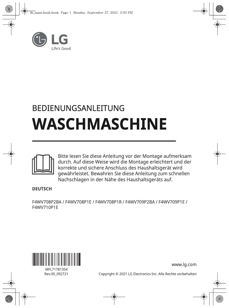 Page 1 de la notice Manuel utilisateur LG F4WV708P2BA