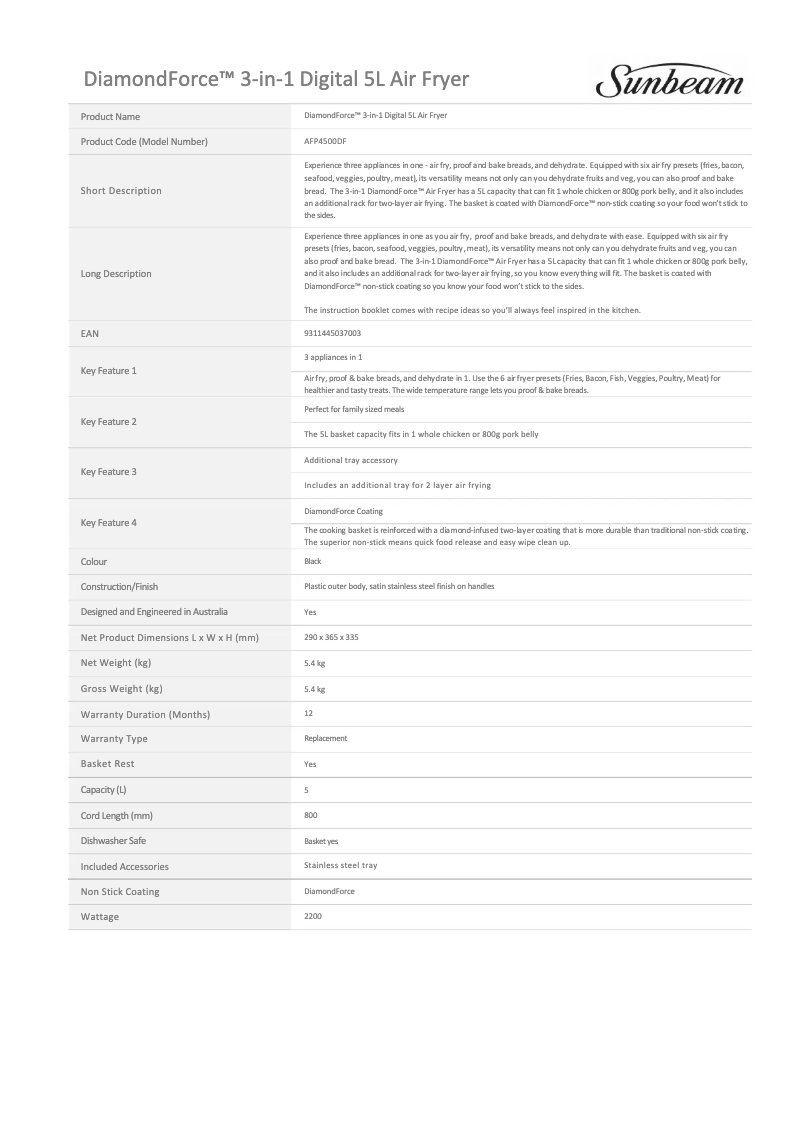 Page 1 de la notice Fiche technique Sunbeam DiamondForce 3-in-1 AFP4500