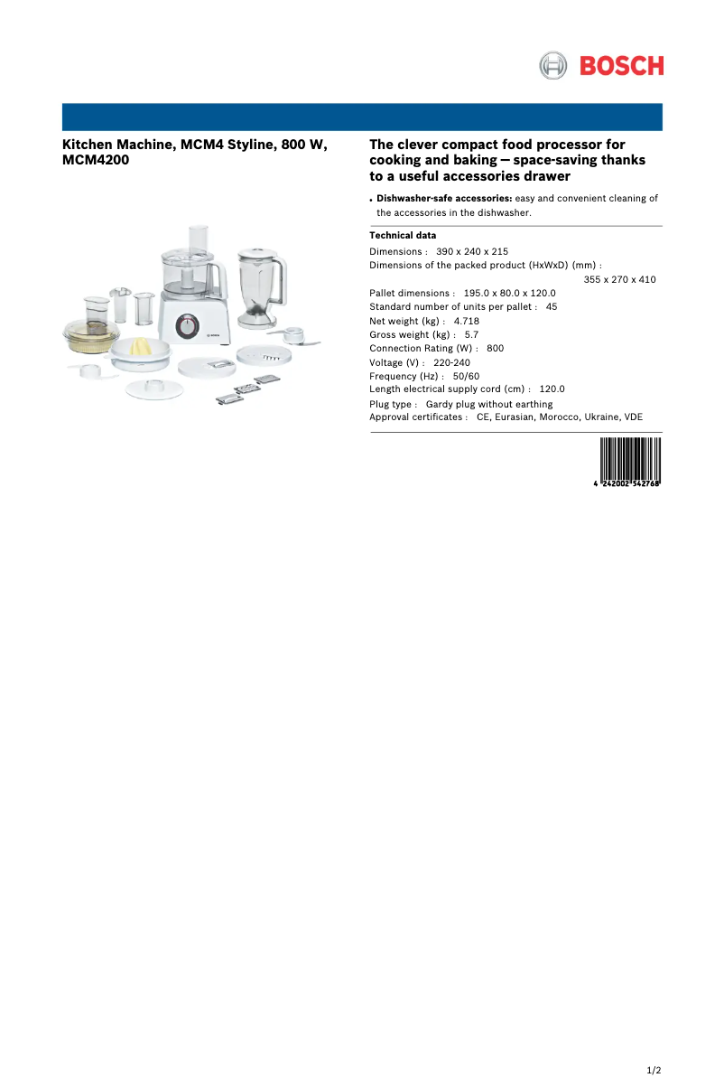Page n°1 - Fiche technique Bosch MultiTalent MCM4200