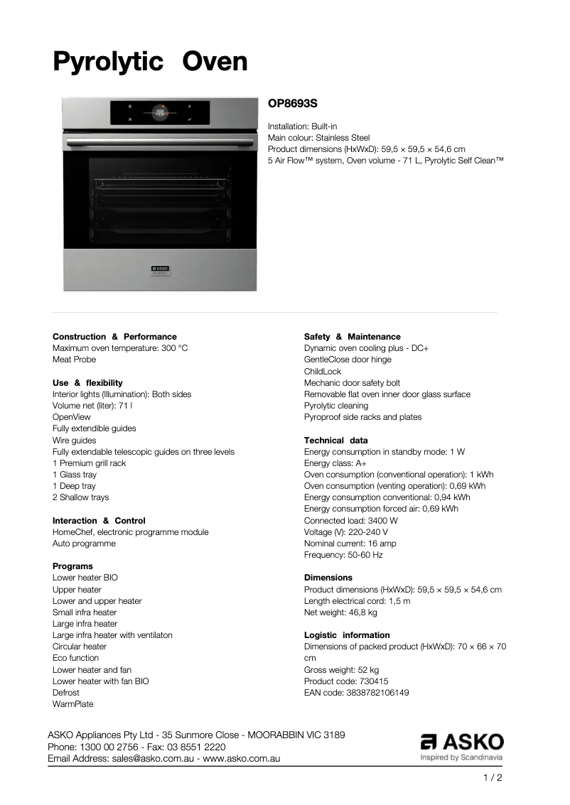 Page 1 de la notice Fiche technique Asko OP8693S