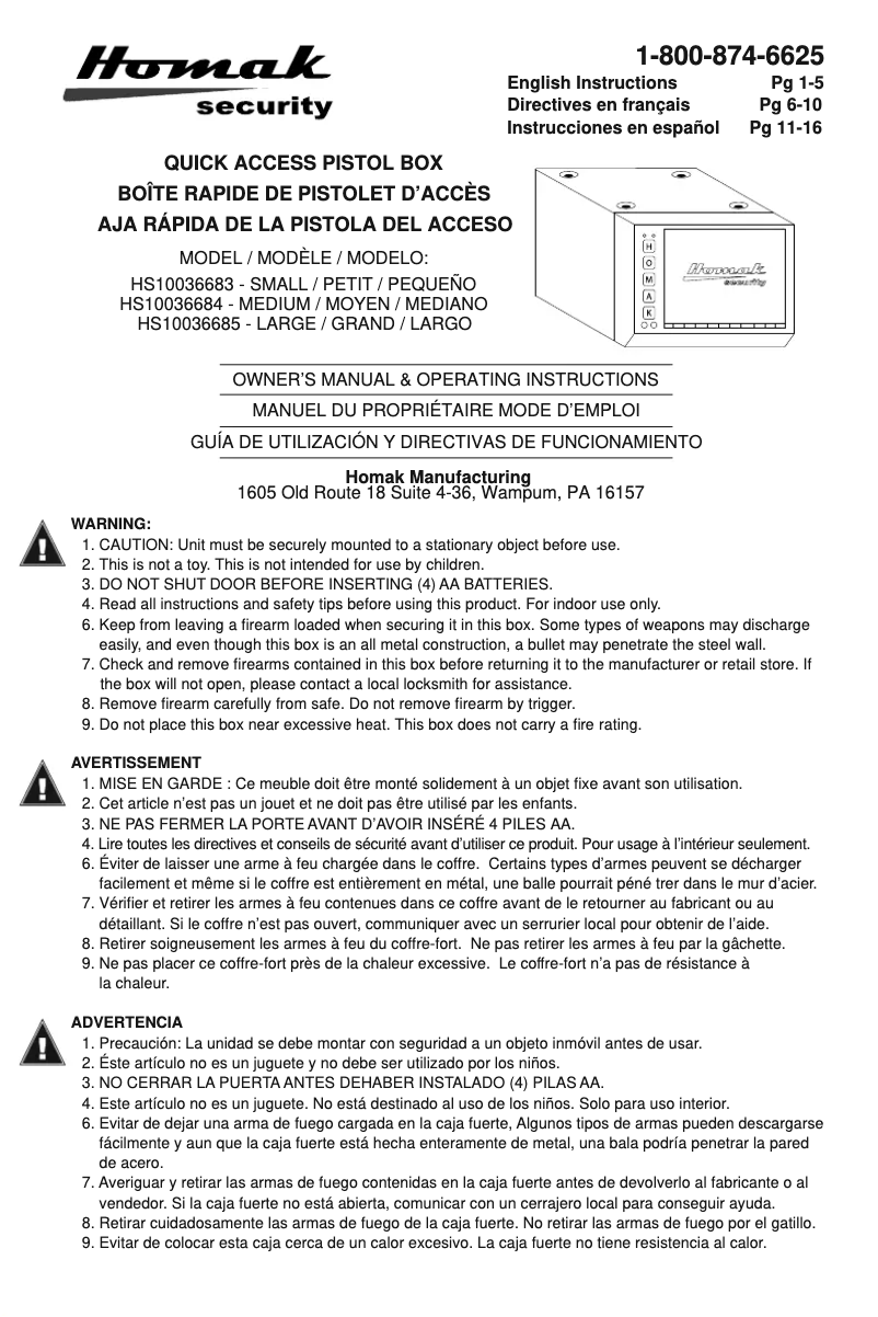 Page n°1 - Manuel utilisateur Homak Security HS10036685