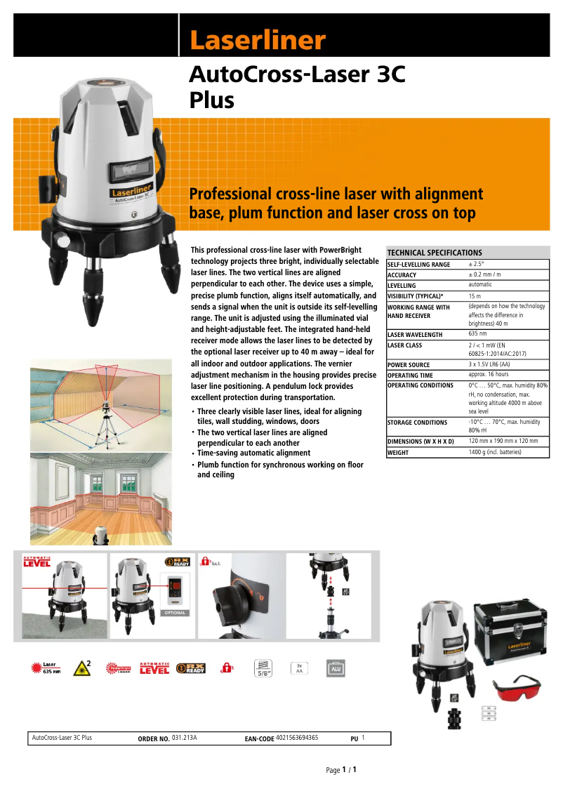 Page n°1 - Fiche technique Laserliner AutoCross-Laser 3C Plus