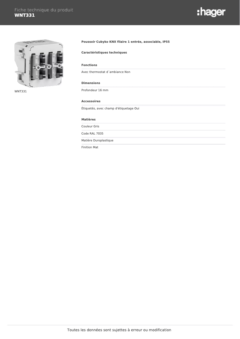 Page n°1 - Fiche technique Hager WNT331