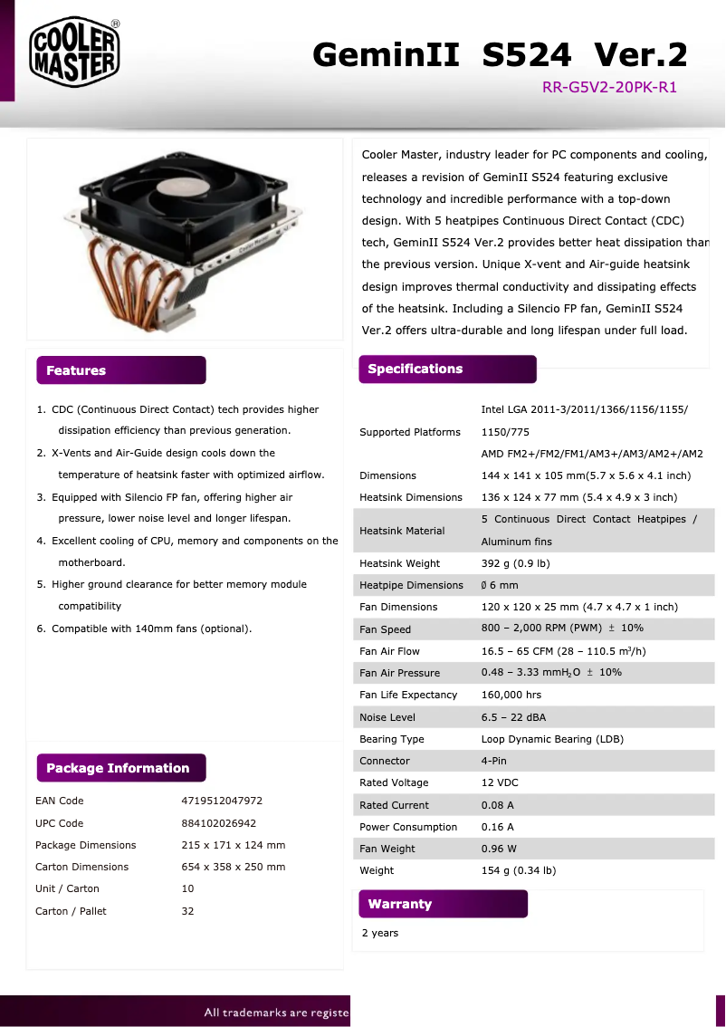 Page 1 de la notice Fiche technique Cooler Master GeminII S524 Ver.2