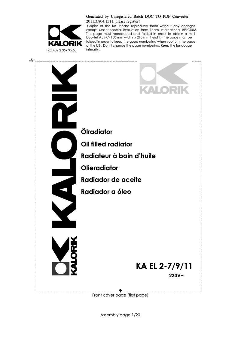 Page 1 de la notice Manuel utilisateur Kalorik KA EL 2-9
