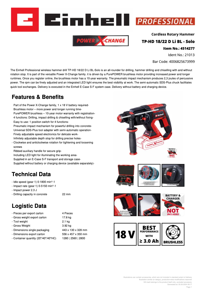 Page n°1 - Fiche technique Einhell TP-HD 18/22 D Li BL