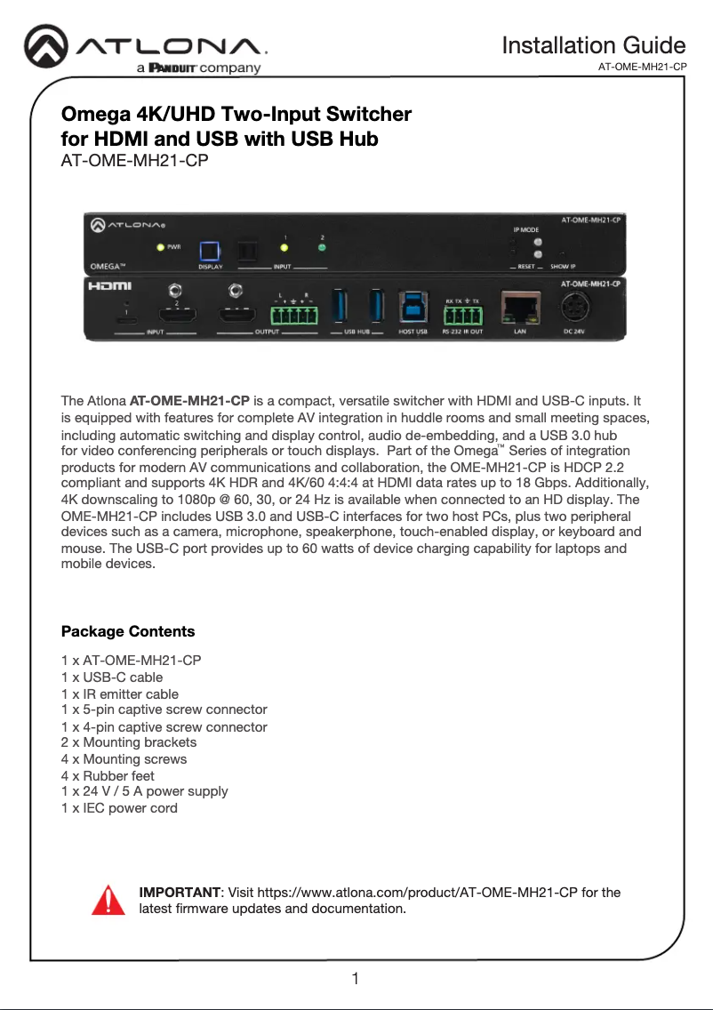 Page 1 de la notice Guide d'installation Atlona AT-OME-MH21-CP