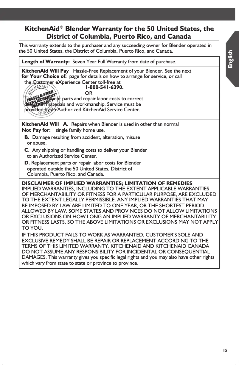Page n°1 - Informations de garantie KitchenAid KSB5010OB