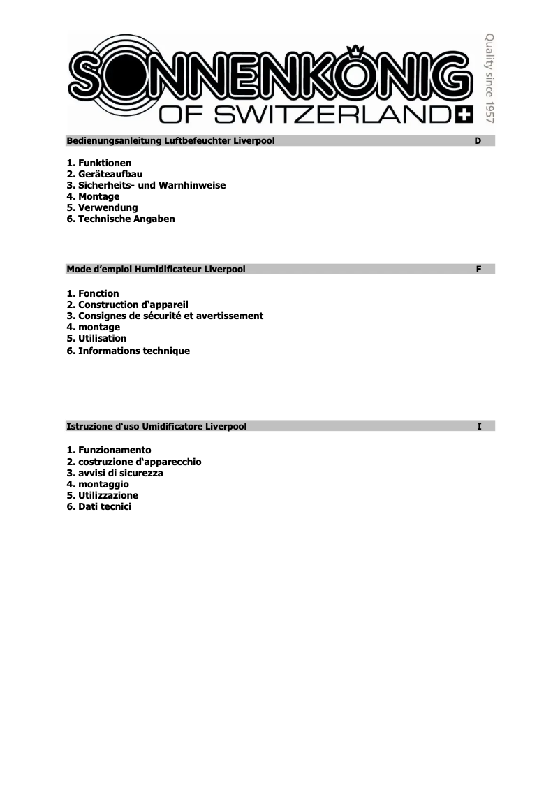 Page 1 de la notice Manuel utilisateur Sonnenkönig Liverpool