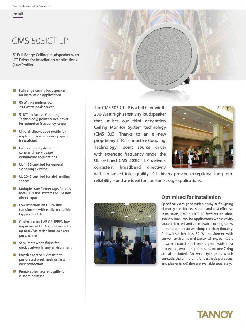 Page 1 de la notice Fiche technique Tannoy CMS 503ICT LP