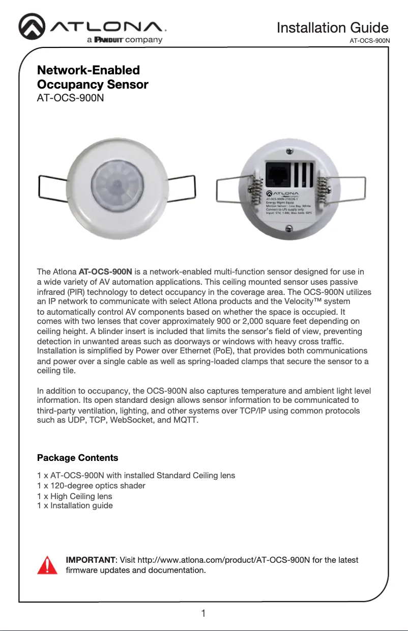 Page 1 de la notice Guide d'installation Atlona AT-OCS-900N