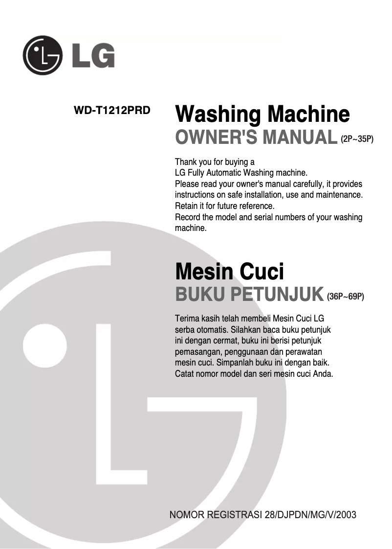 Page 1 de la notice Manuel utilisateur LG WD-T1212PRD