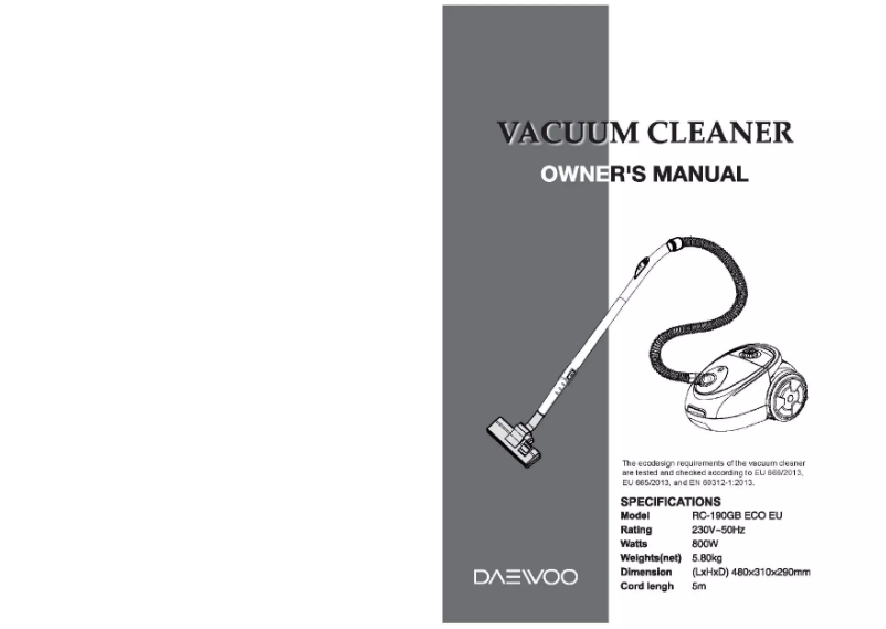 Page 1 de la notice Manuel utilisateur Daewoo RC-190GB ECO EU