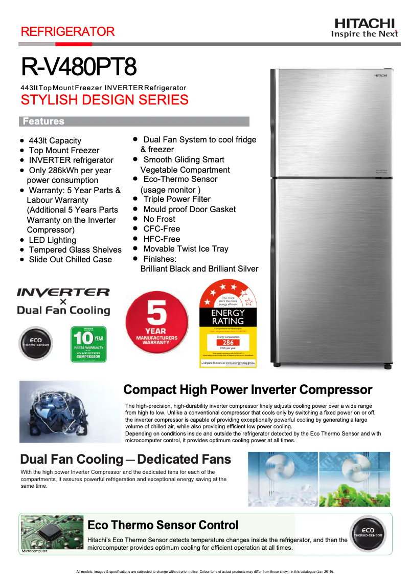 Página 1 del manual Ficha técnica Hitachi R-V480PT8