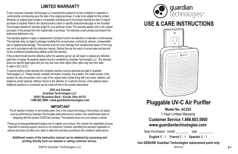 Page 1 de la notice Manuel utilisateur Guardian AC225