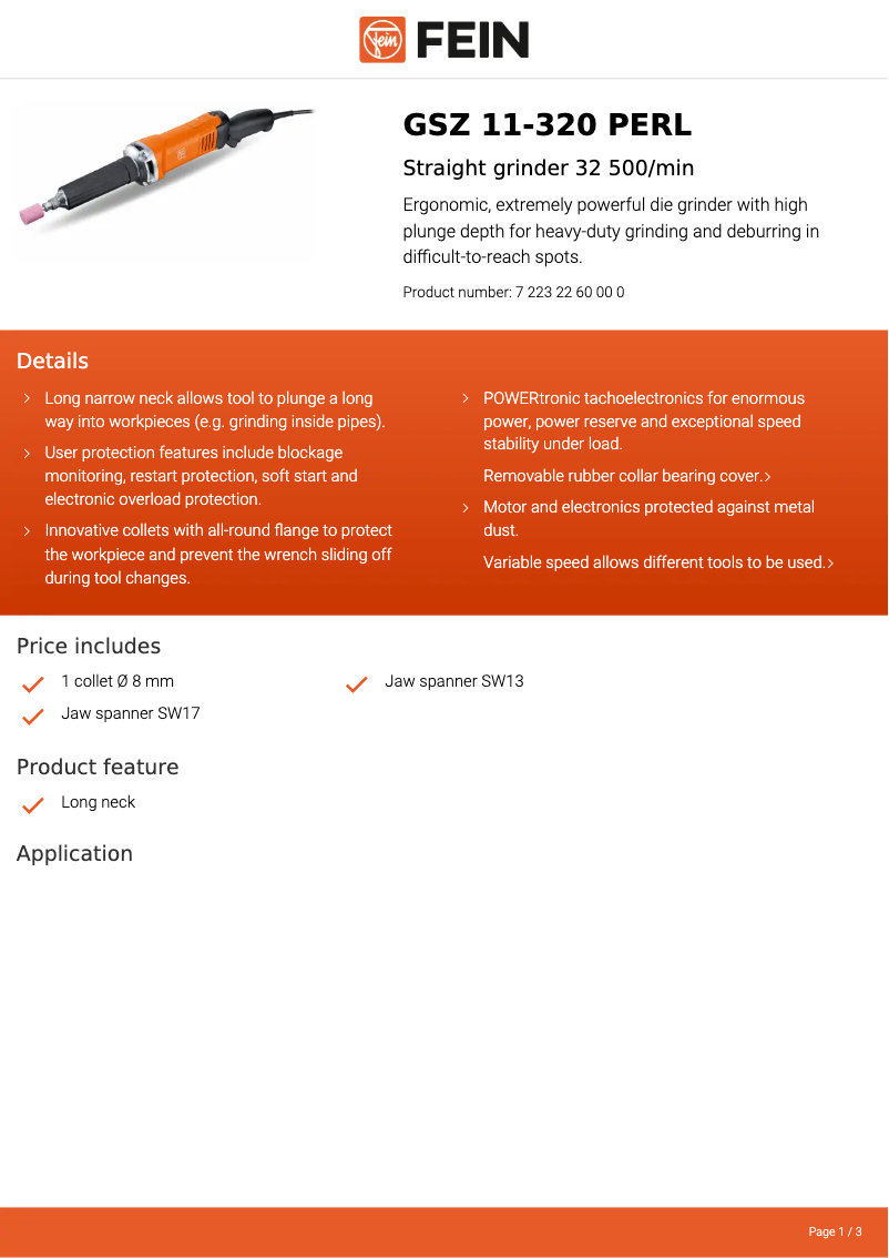 Page 1 de la notice Fiche technique Fein GSZ 11-320 PERL
