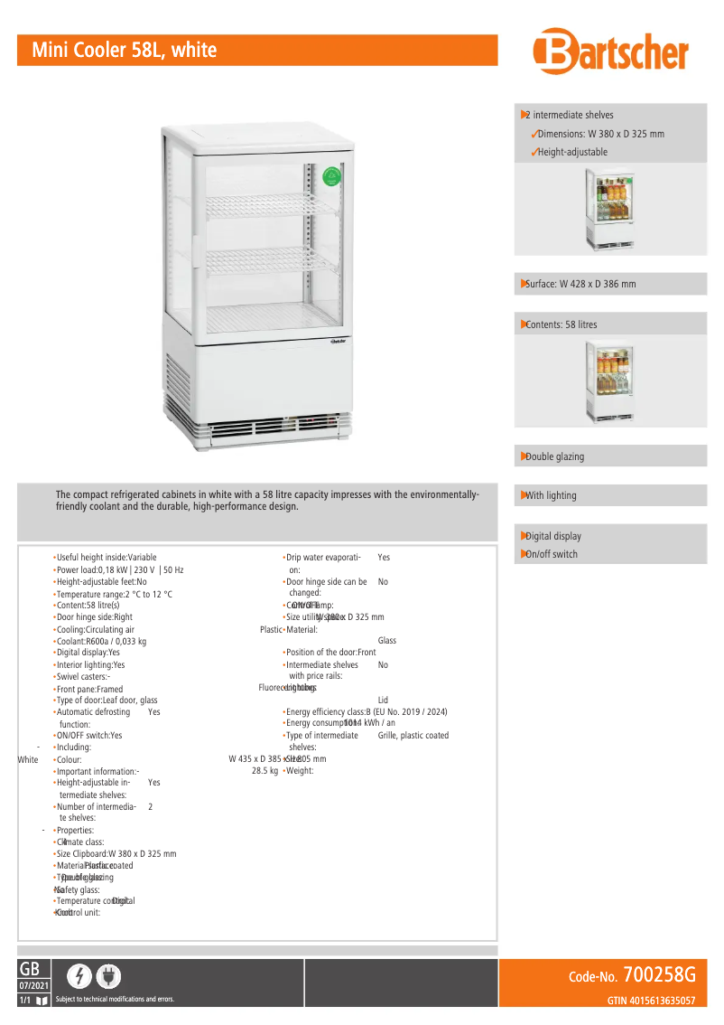 Page 1 de la notice Fiche technique Bartscher 700258G