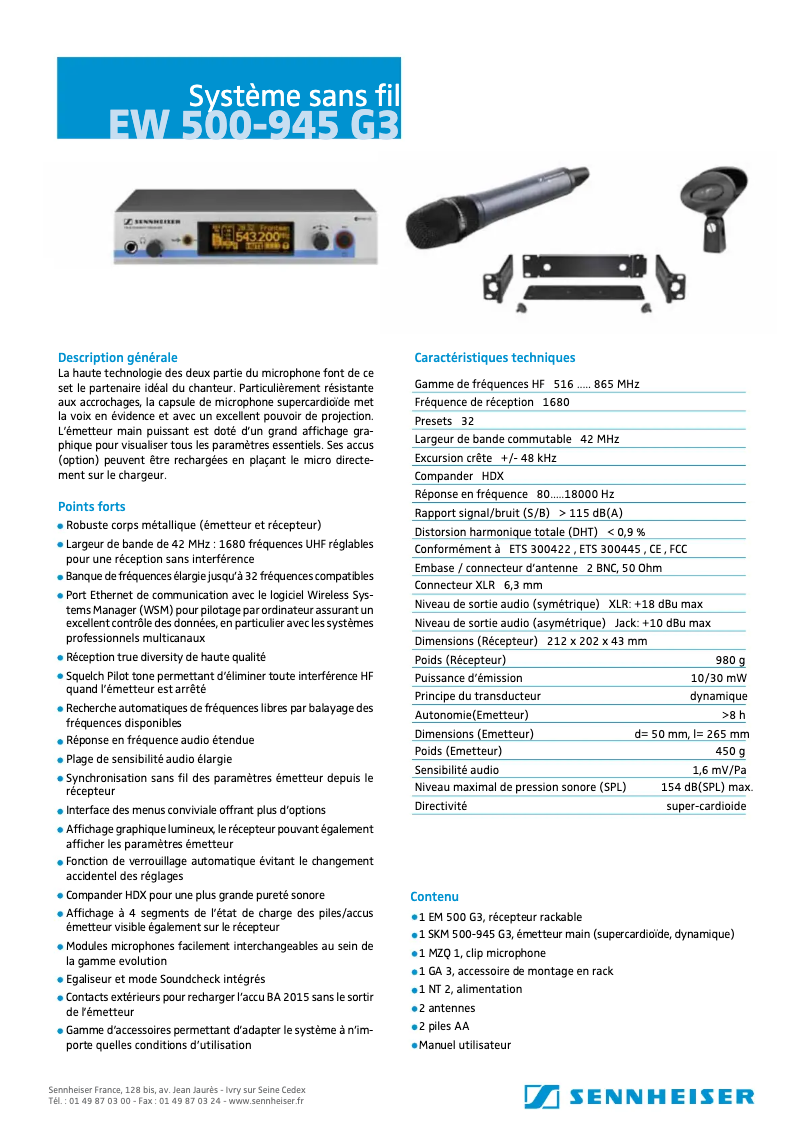 Page 1 de la notice Fiche technique Sennheiser EW 500-945 G3