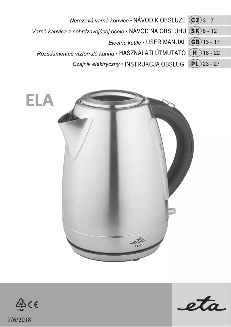 Page n°1 - Manuel utilisateur Eta Ela 8598 90090