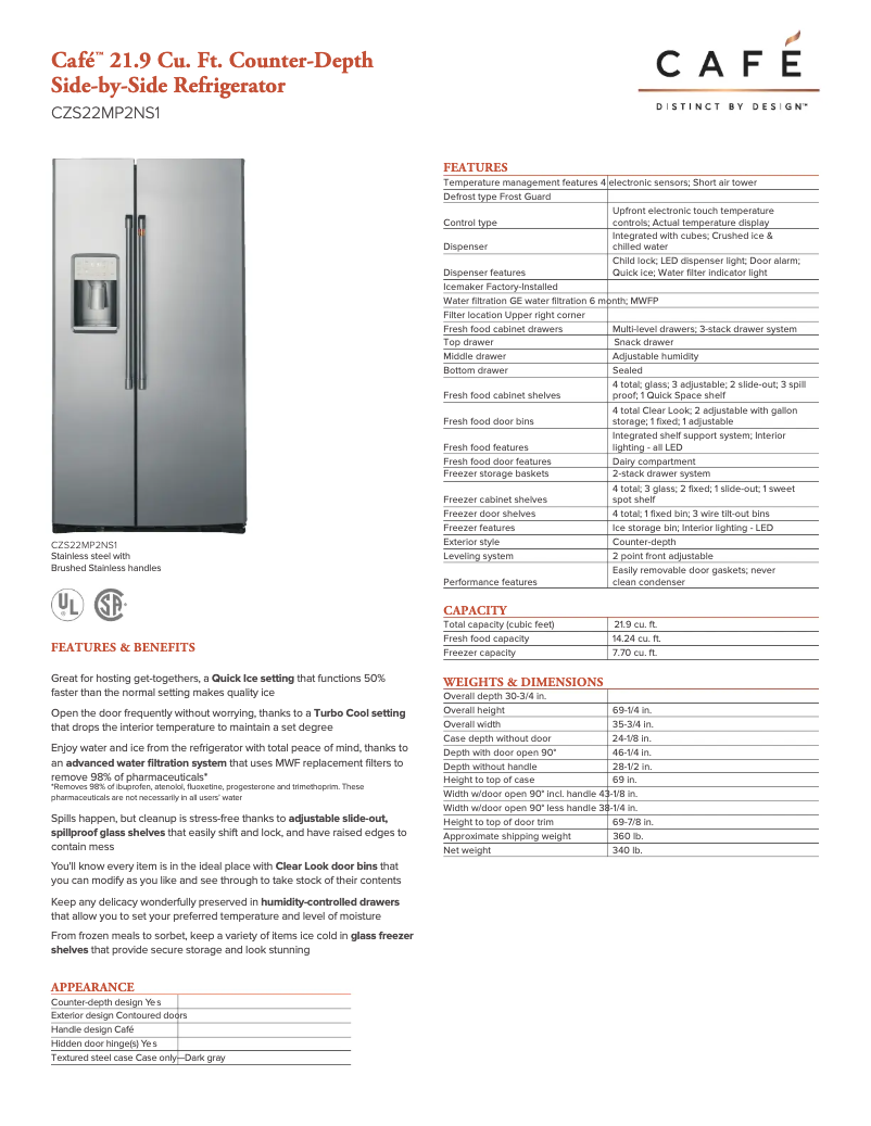 Page 1 de la notice Fiche technique GE CZS22MP2NS1