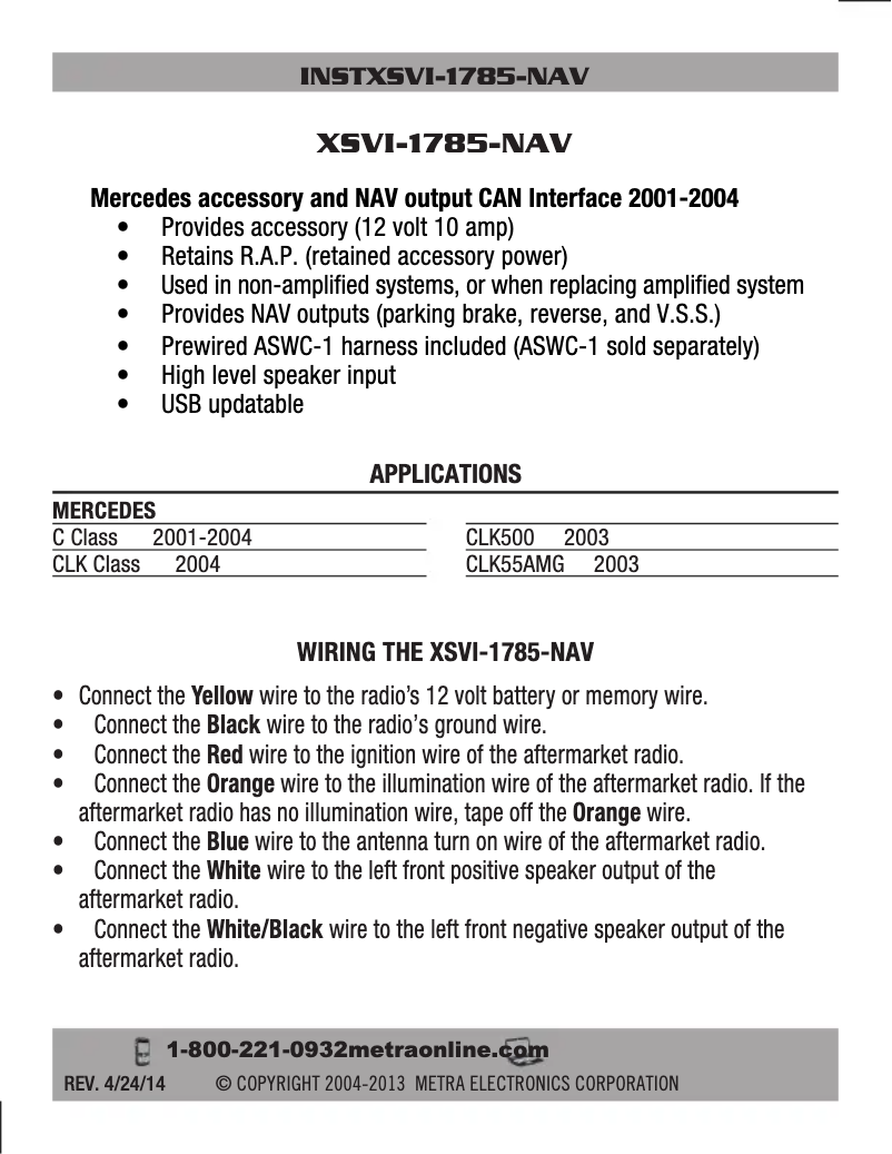 Page n°1 - Manuel utilisateur Metra XSVI-1785-NAV