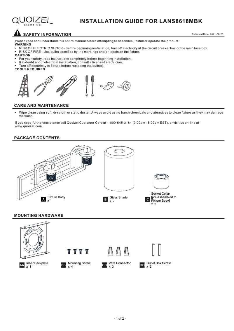 Page n°1 - Manuel utilisateur Quoizel Lansdowne LANS8618MBK