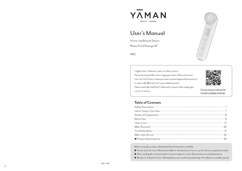 Page 1 de la notice Manuel utilisateur YA-MAN Photo PLUS Prestige SP