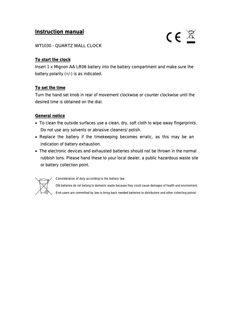 Image de la première page du manuel de l'appareil WT 1030