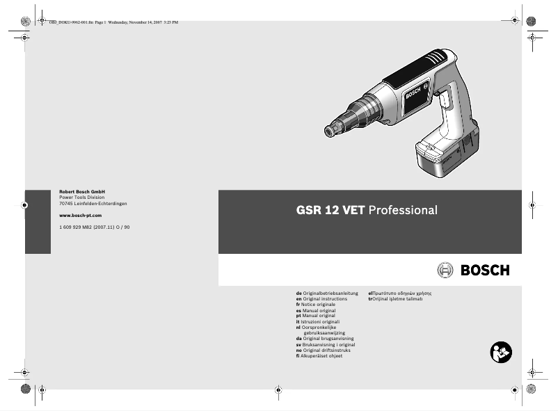 Page 1 de la notice Manuel utilisateur Bosch GSR 12 VET Professional