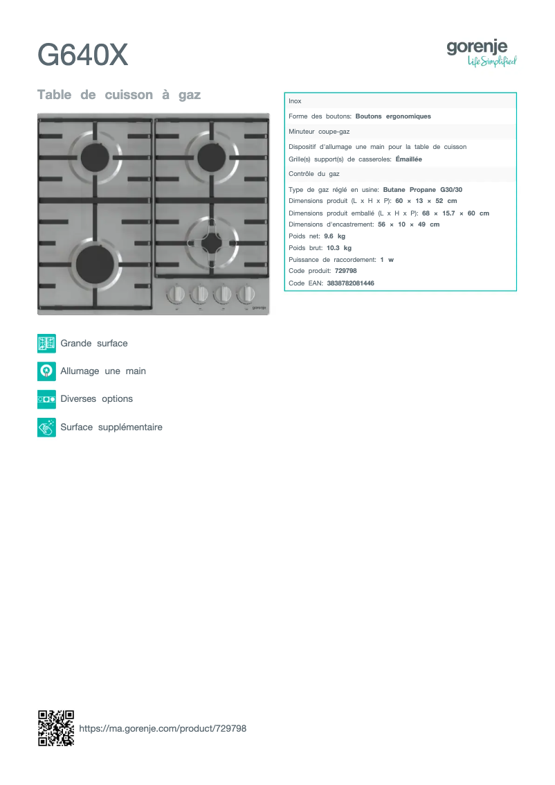 Page n°1 - Fiche technique Gorenje G640X
