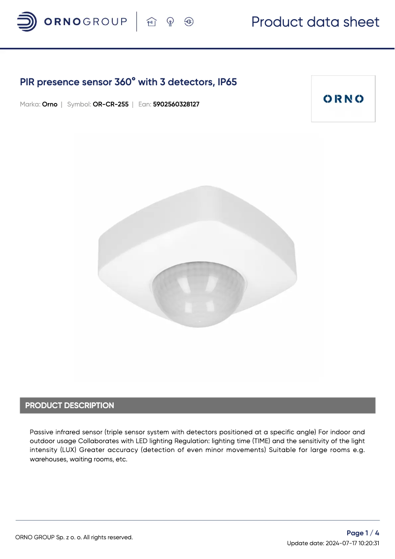 Page 1 de la notice Fiche technique ORNO OR-CR-255