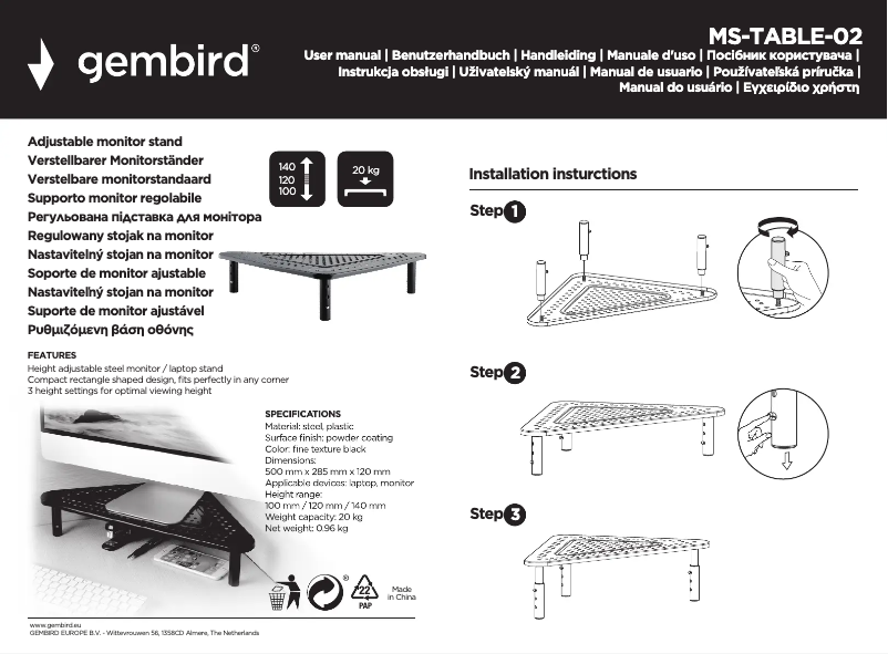 Page 1 de la notice Manuel utilisateur Gembird MS-TABLE-02
