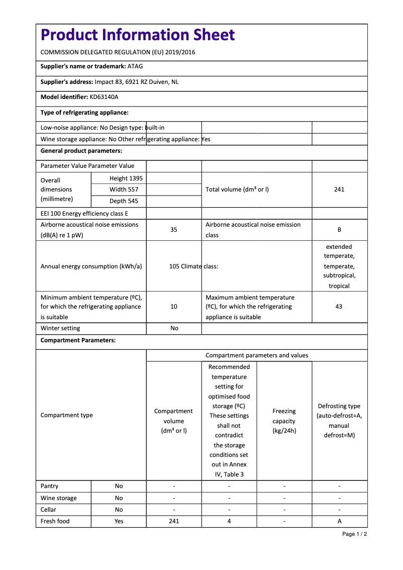 Page n°1 - Fiche technique Atag KD63140A