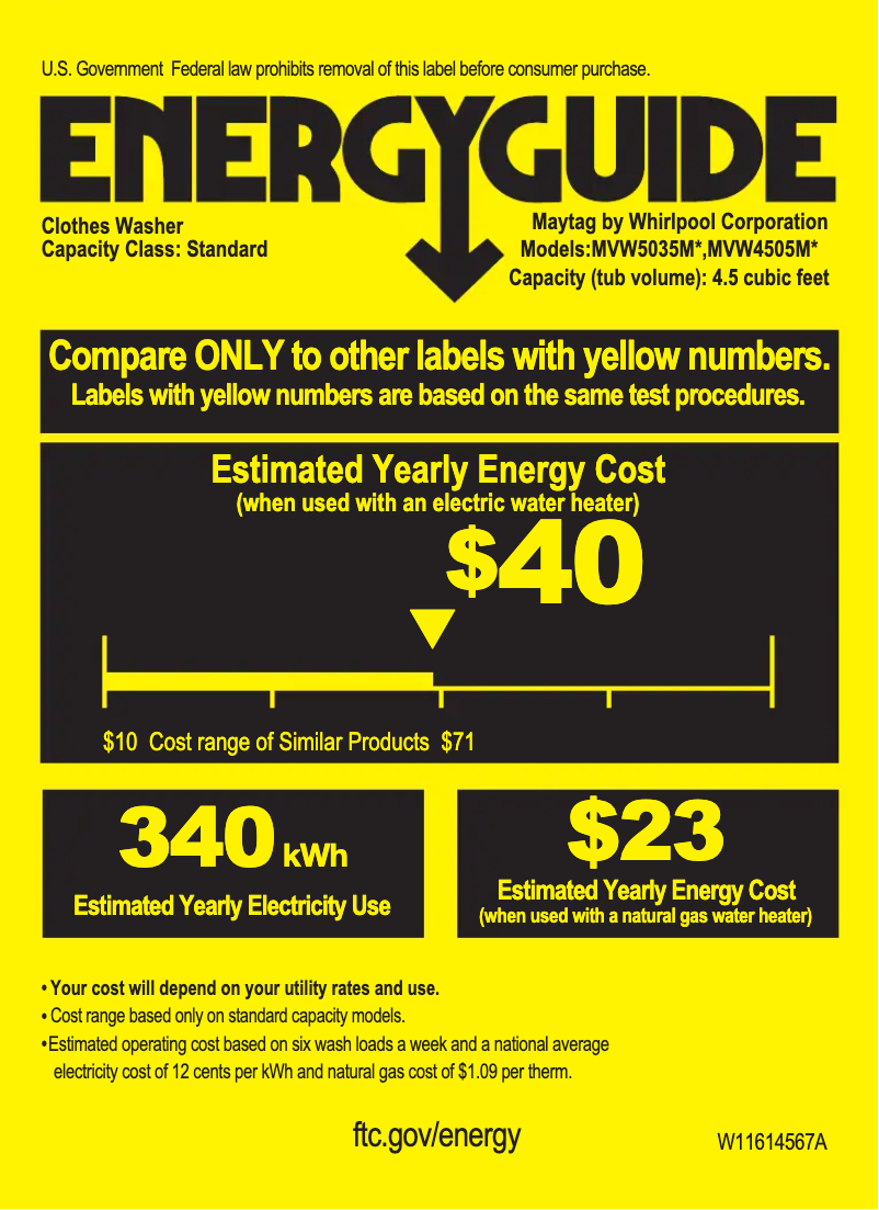 Page 1 de la notice Label énergétique Maytag MVW4505MW