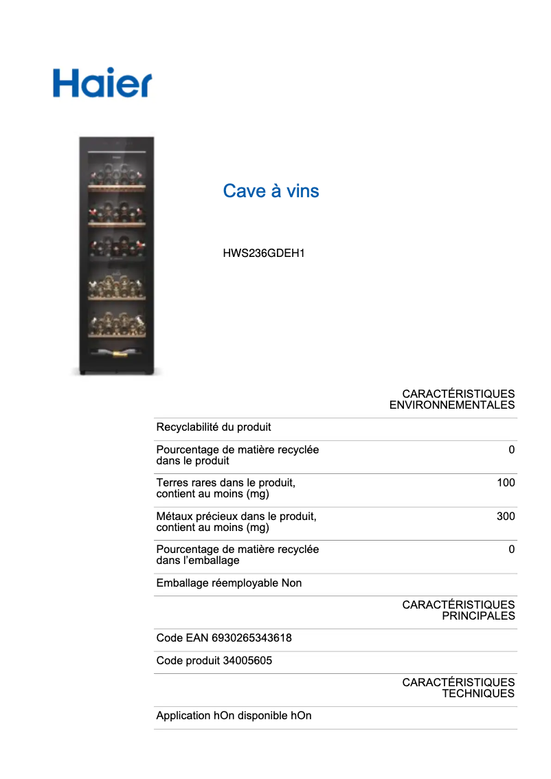 Page 1 de la notice Label énergétique Haier HWS236GDEH1
